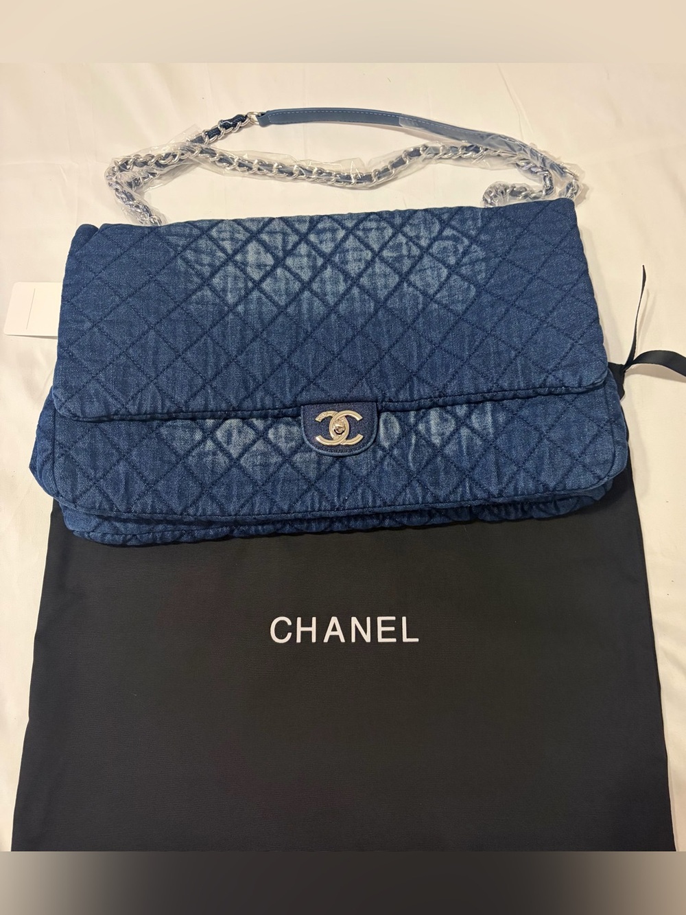 Fashion 19 Quilted Denim Shoulder Bag In Blue And Silver Mono Hardware